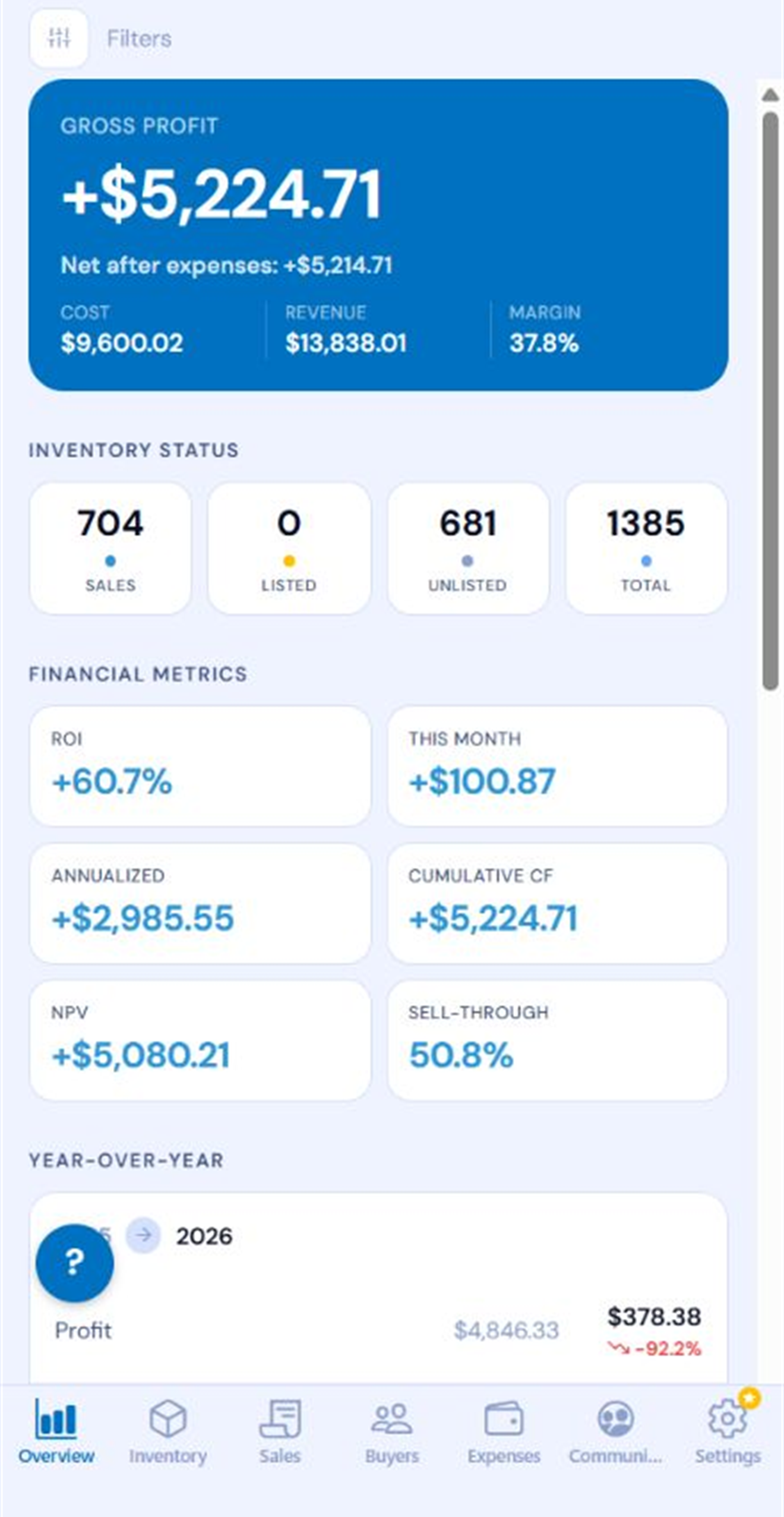 Upcyclist overview on a phone with Example data