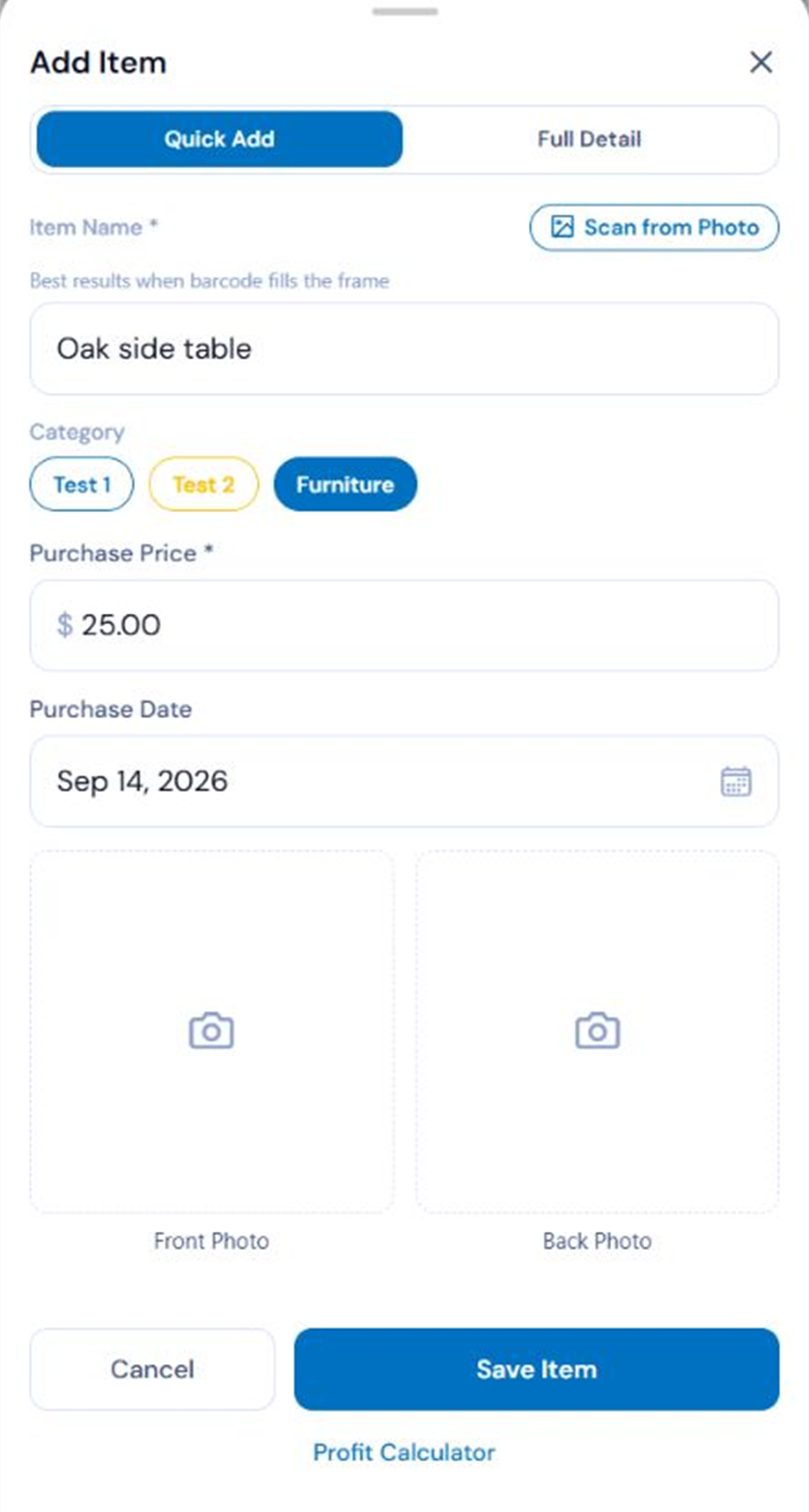 Quick add screen with Example data
